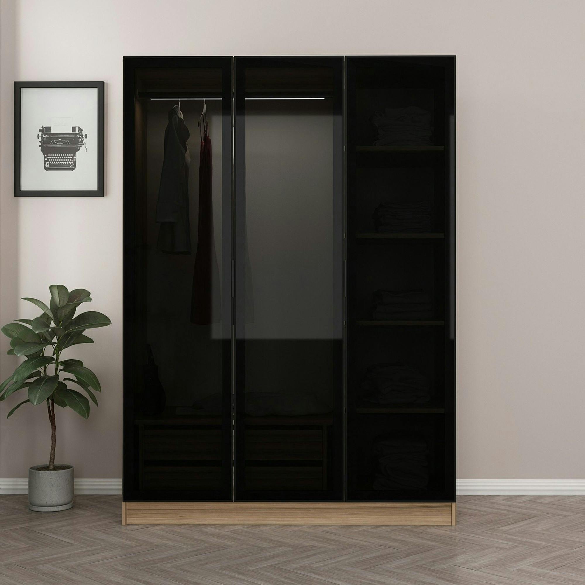 Armoire penderie design effet bois, 3 portes vitrées BYRON