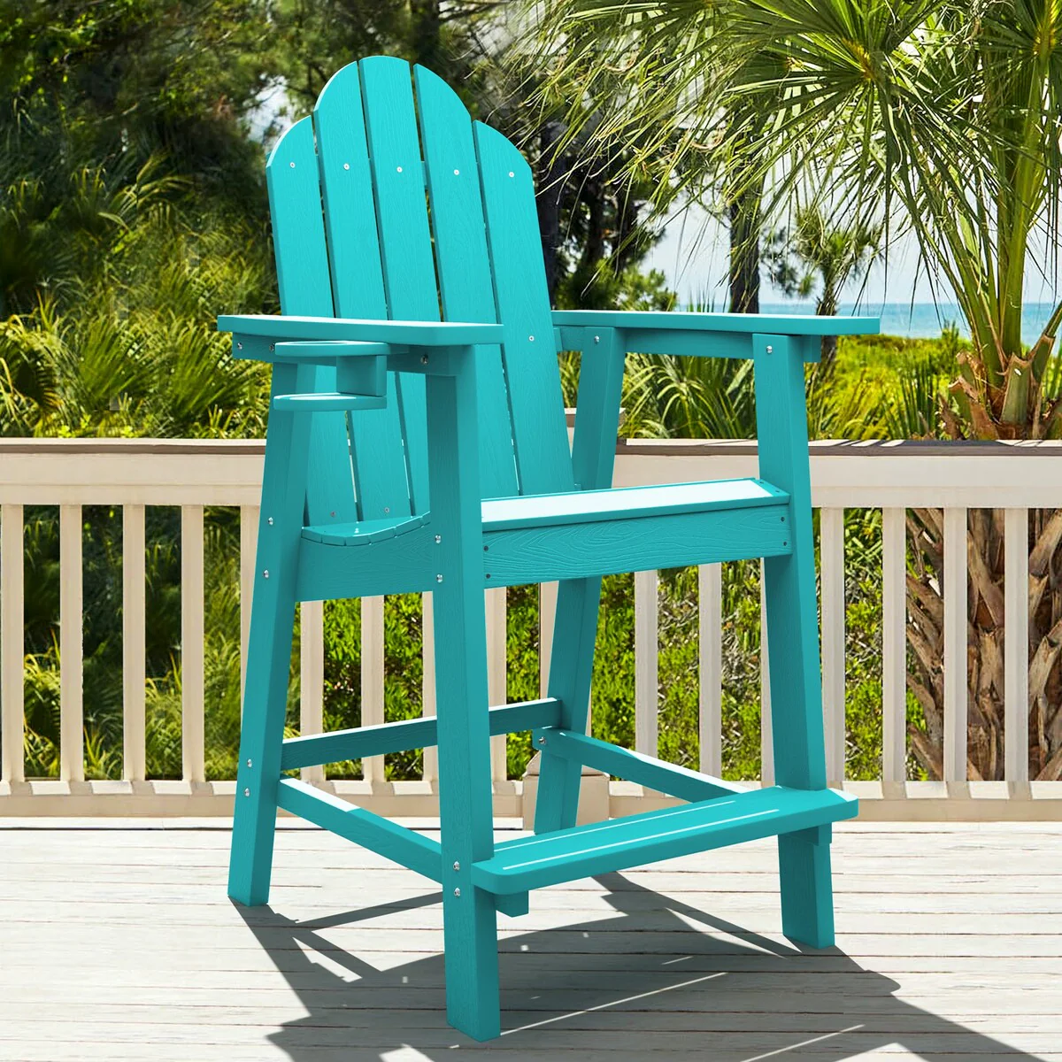 LUE BONA Outdoor Adirondack Chairs with Cup Holder Bar Height Adirondack Bar Stool with Arms for Balcony, Deck, or Patio