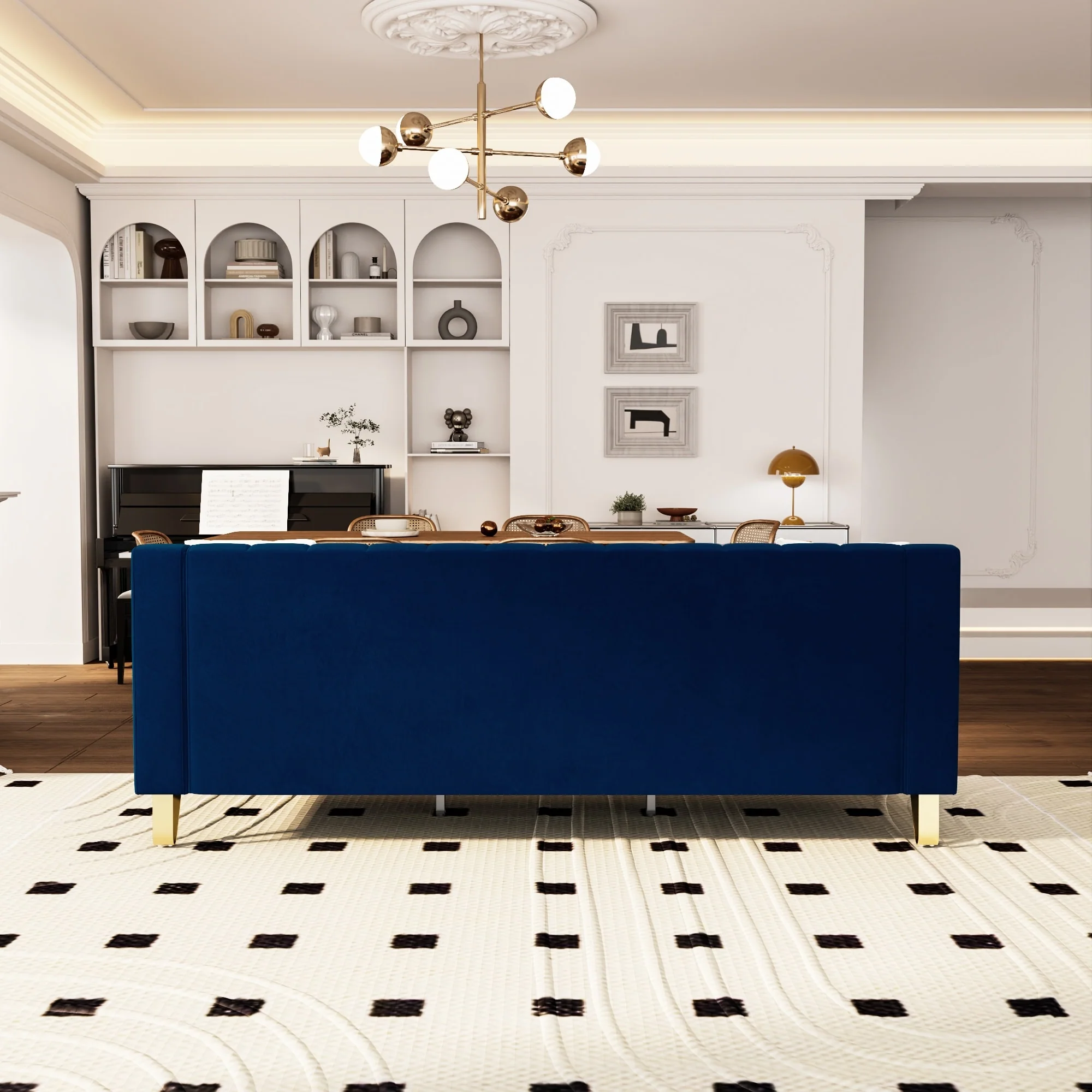 Blue Modern 81.89 Velvet 3-seater Sofa with Gold Accents and Plush Cushions for Living Room