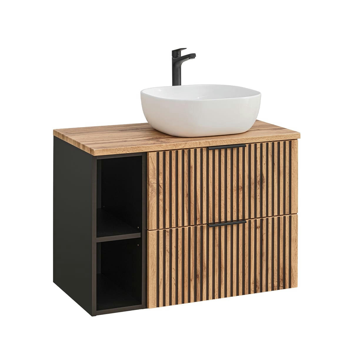 - Ensemble meuble simple vasque 80cm 2 niches et colonne naturel et noir