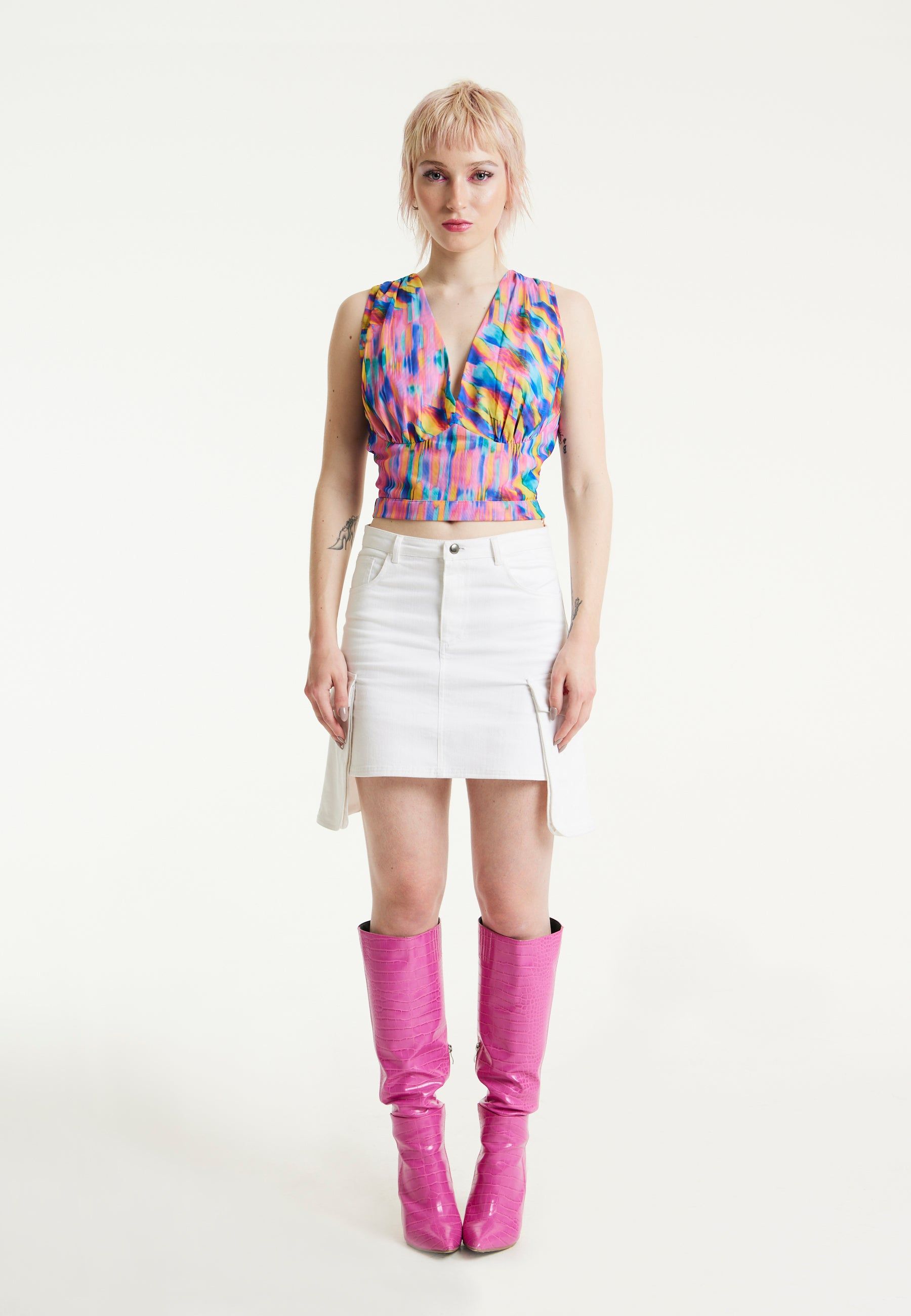 House of Holland Pink Top With Multicolour Rainbow Print