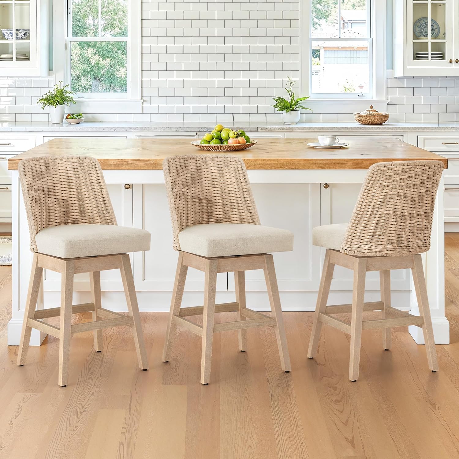 LUE BONA Rattan Bar Stools Set of 3, 27” Swivel Wooden Bars Stools with Thick Linen Seat, Handwoven Back & Wooden Leg, Counter Height for Kitchen Island, Apricot