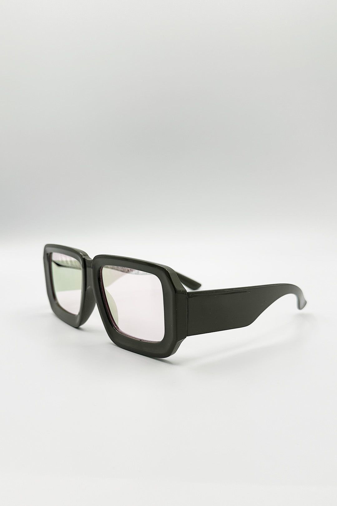 SVNX Oversized Square Frame Sunglasses In Mud Grey with Pink Mirror Lenses
