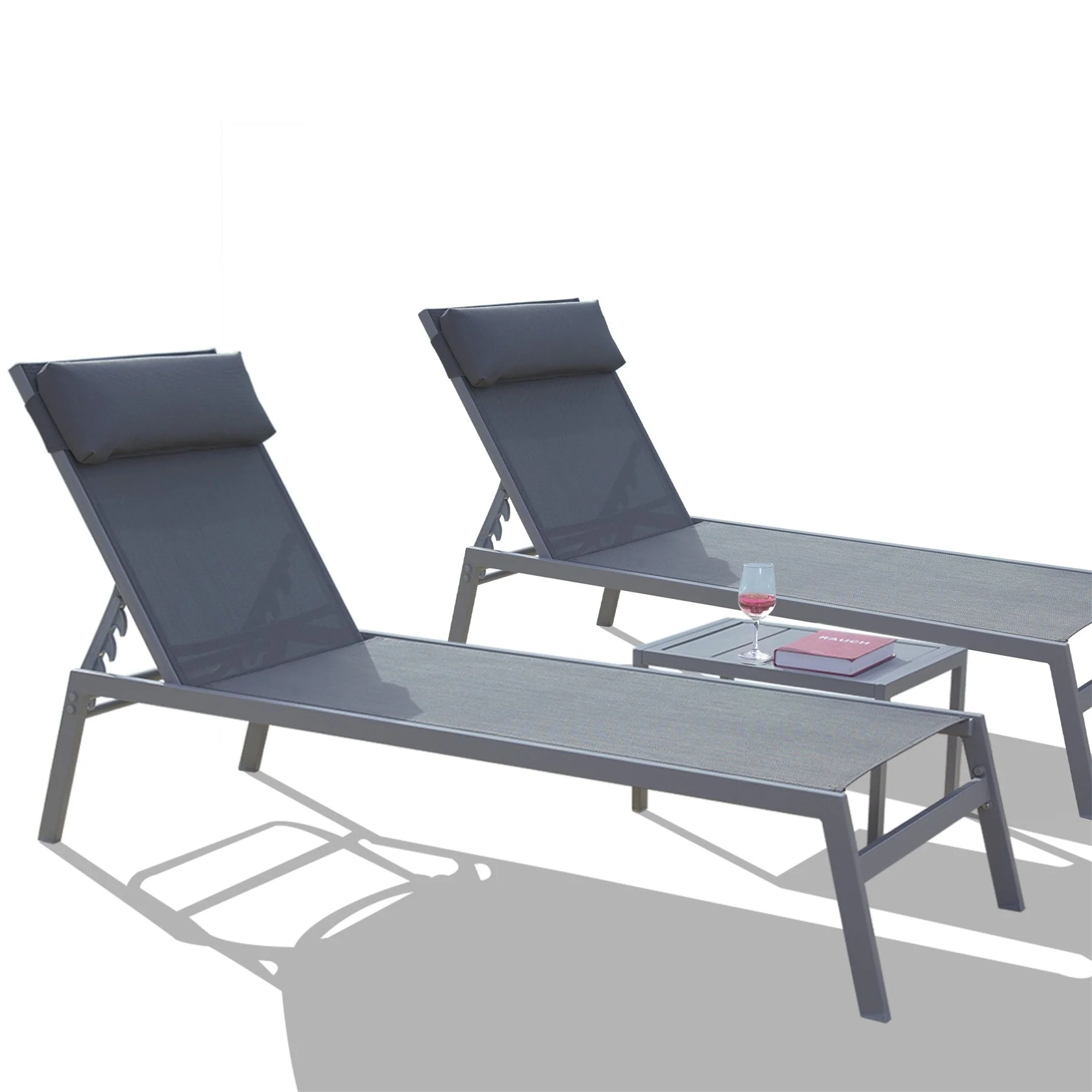 3-Piece Outdoor Steel Chaise Lounge Set with Adjustable Backrest and Side Table for Patio Poolside Beach