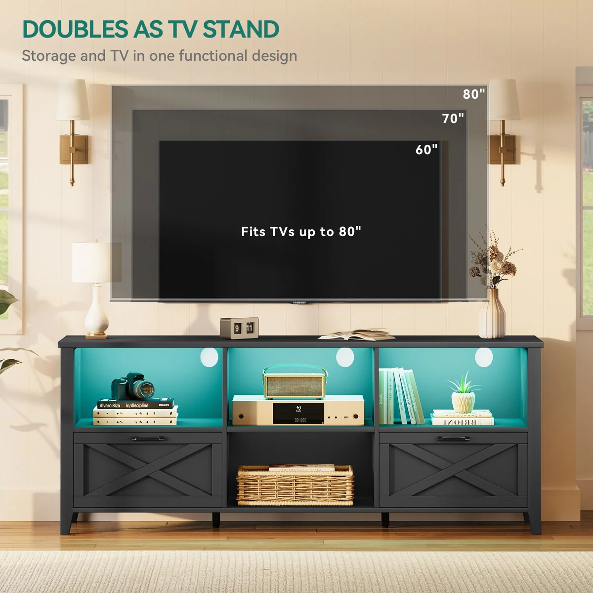 Moasis 71 Farmhouse TV Stand Classical Wooden Cabinet Media Console for TVs up to 80 - 70.7L x 15.7W x 24.8H