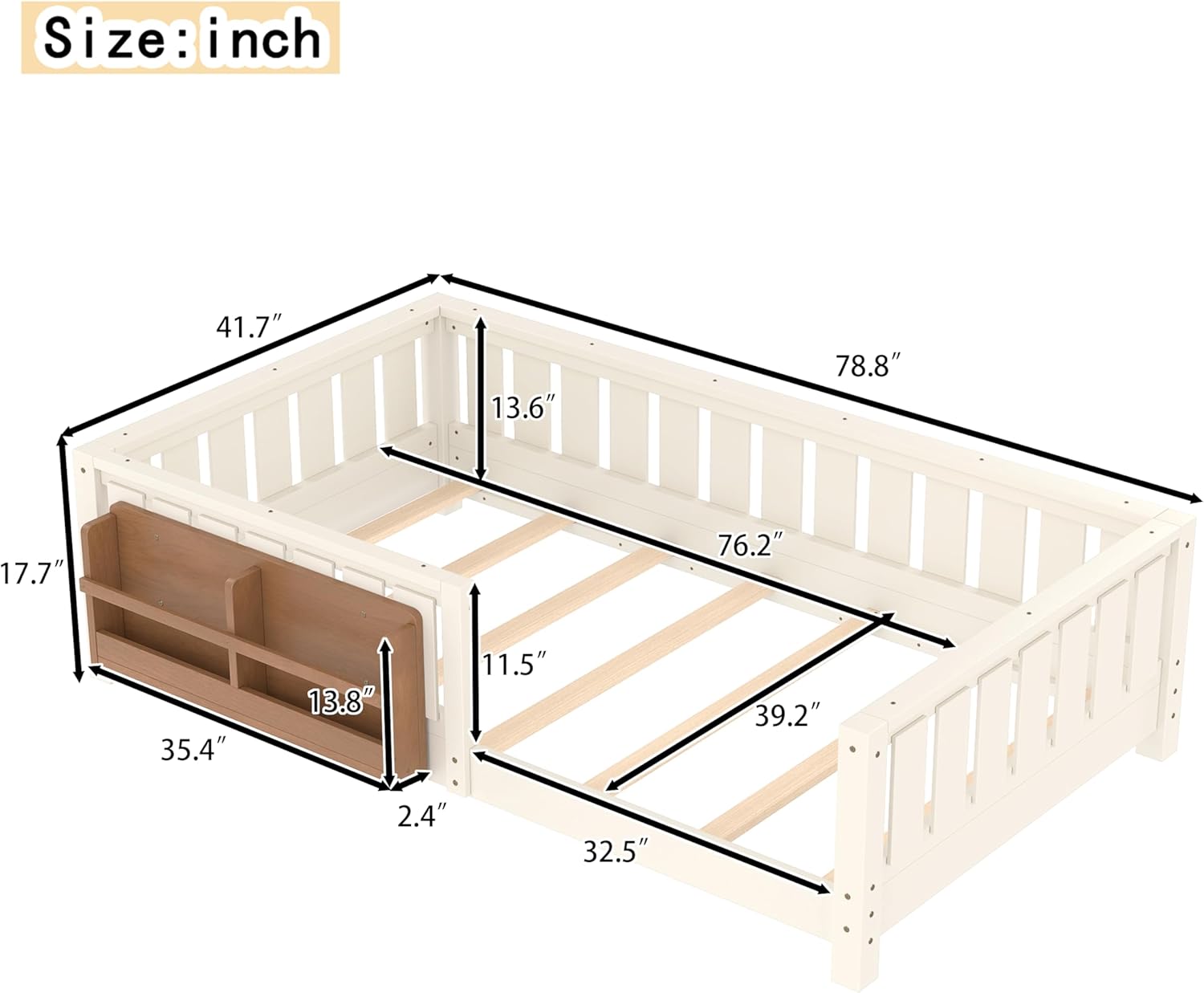 Bellemave Twin Floor Bed with Slats and Safety Guardrail, Twin Size Montessori Floor Bed with Fence and Built-in Bookshelf, Easy Assemble Montessori Beds for Kids, Girls, Boys, Beige