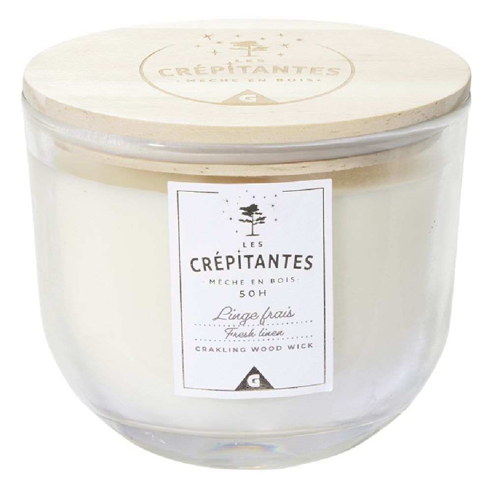 Bougie parfumée blanche Les crépitantes senteur linge frais 50H