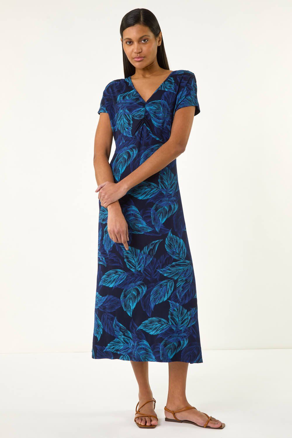 Roman Leaf Print Ruched Midi T-Shirt Dress