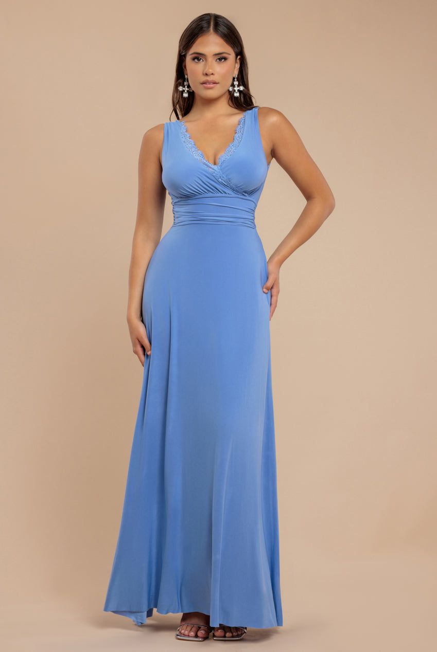 Goddiva Diamante & Scalloped Lace Neck Maxi Dress