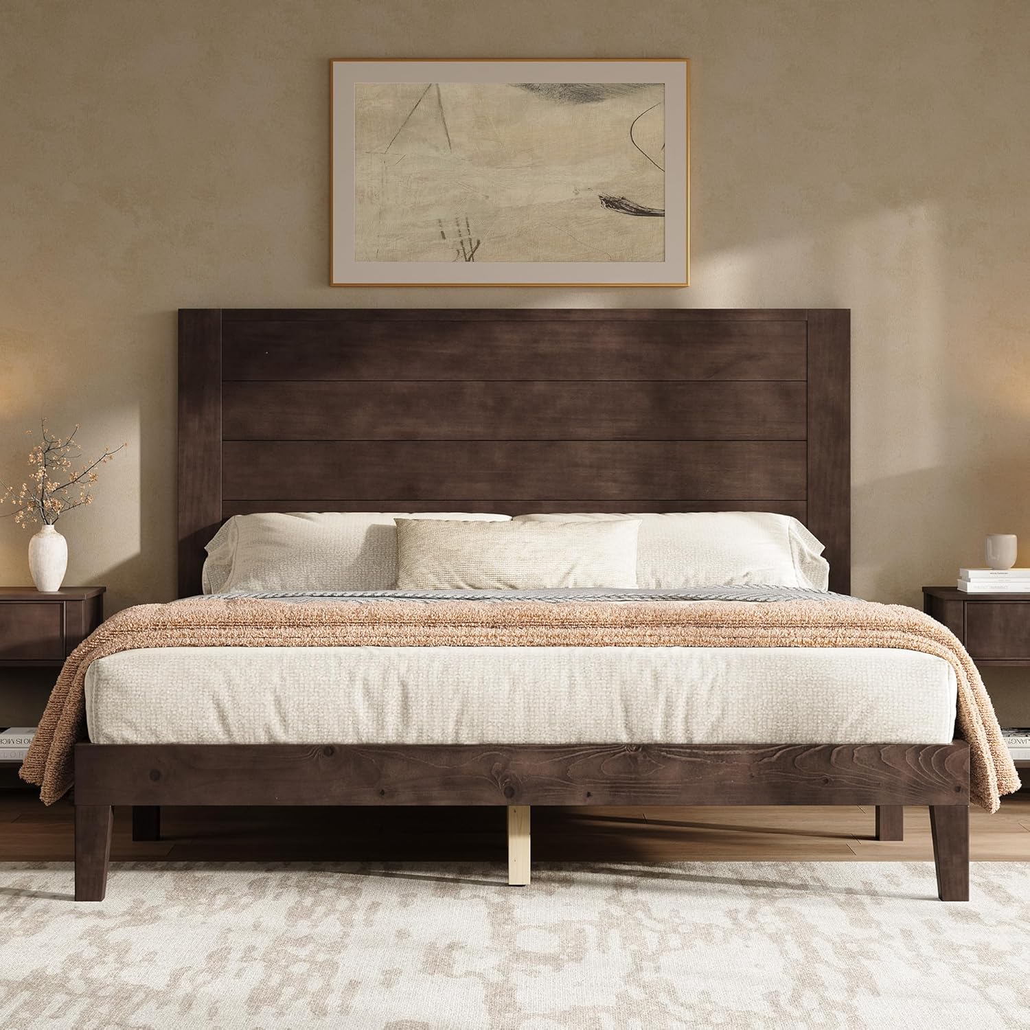 AMERLIFE Queen Sizes Solid Wood Bed Frame with 48 Headboard, Mid Century Modern Platform Bed with Silent Wood Slat System, No Box Spring Needed, Under-Bed Storage, Walnut