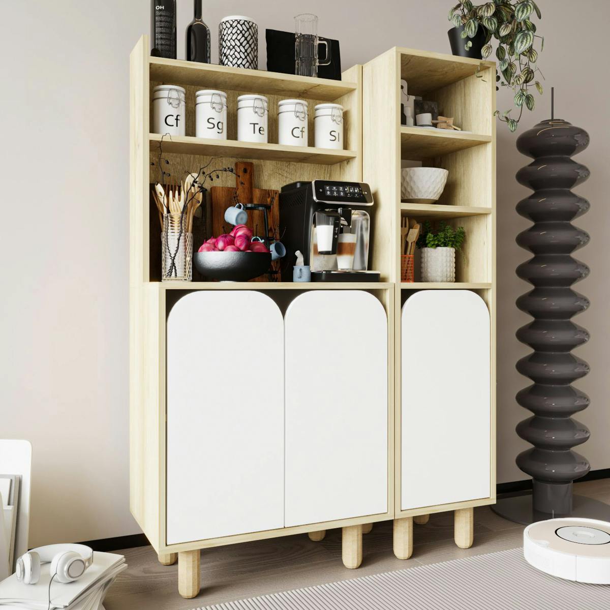 Vaisselier cuisine effet bois 3 portes blanches VAREN
