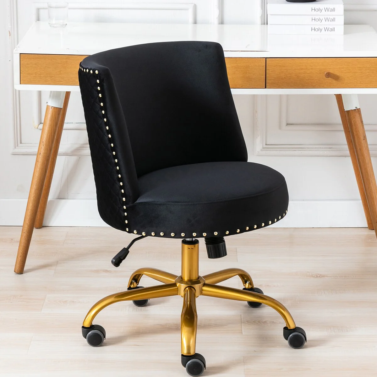 Modern Luxury Style Swivel & Adjustable Velvet Accent Chair with Nailhead Trim and Gold Finish Metal Five-Pronged Base