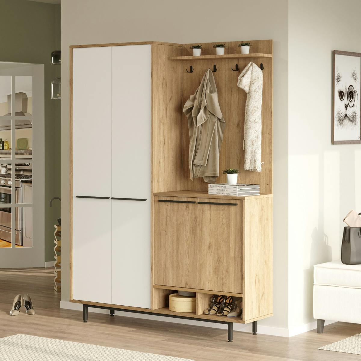 Vestiaire d'entrée 4 portes décor blanc et bois JENA