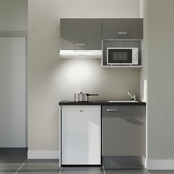 Kitchenette K02 façades Gris - Plan de travail Noir texturé - Crédences : Non - Evier inox - Electroménager Blanc inclus