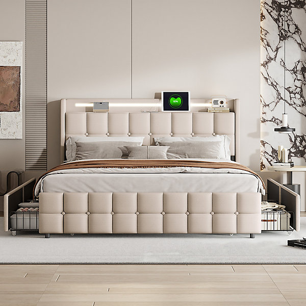 Lit double 180 x 200 cm avec LED, 4 tiroirs, port USB, tête de lit rembourrée, tissu beige, style moderne.