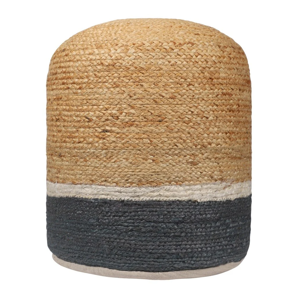 HomeRoots 18 Natural And Gray Jute Blend Cylinder Striped Pouf Ottoman