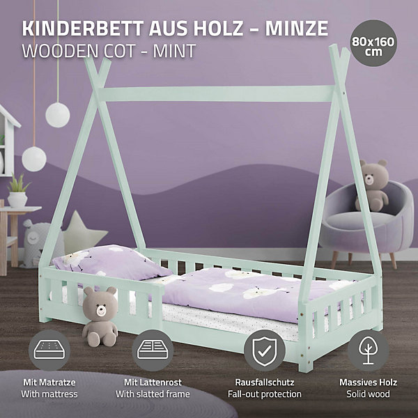 Lit d'enfant ML-Design Tipi 80x160cm menthe en bois de pin massif style indien avec sommier matelas