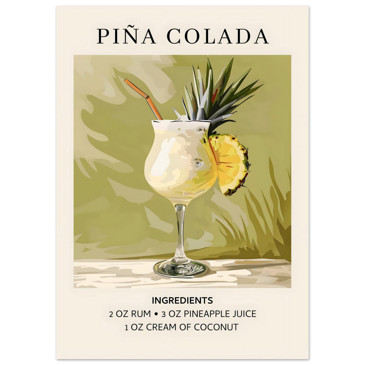 Artfulprints Poster Piña Colada cocktail - Ingrediënten  - 50x70 cm - Groen
