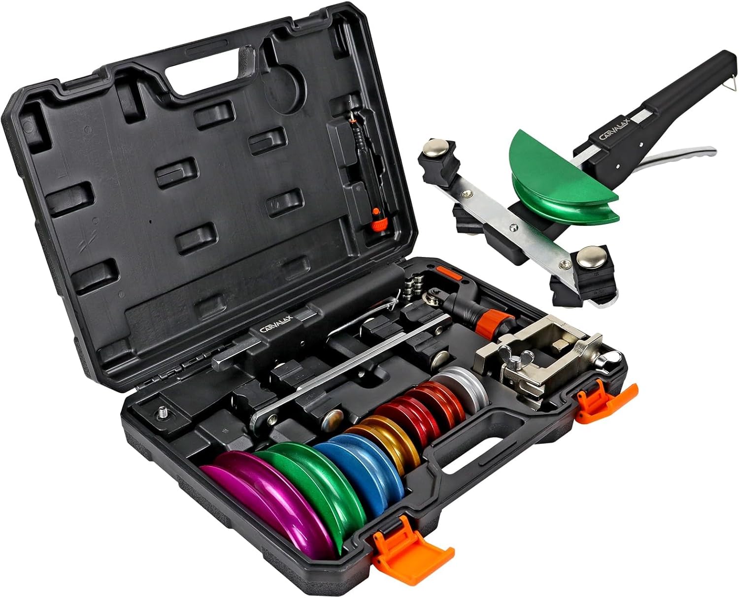 CARVALAX Pipe Tube Bender Set, for 1/4” to 7/8” O.D, 90° Ratcheting Tubing Bender Kit with Reverse Bending Adapters and 7 Multi-Color Aluminum Heads, for HVAC Air Condition Heating Repair