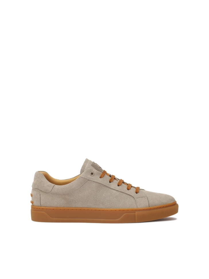 Taupe suede sneakers with brown accessories