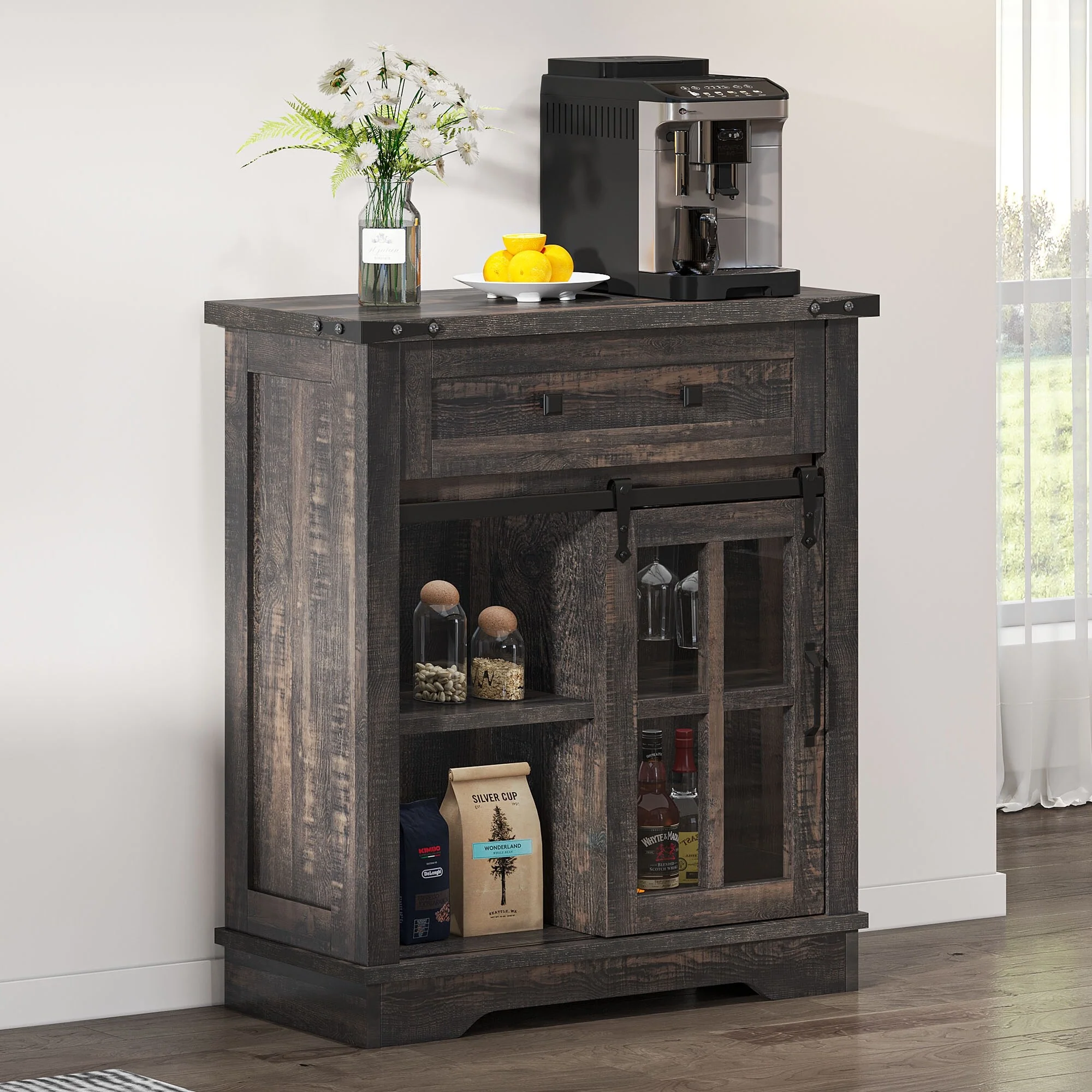 Moasis Farmhouse Coffee Bar Cabinet with Sliding Barn Door and Wine Glass Holder