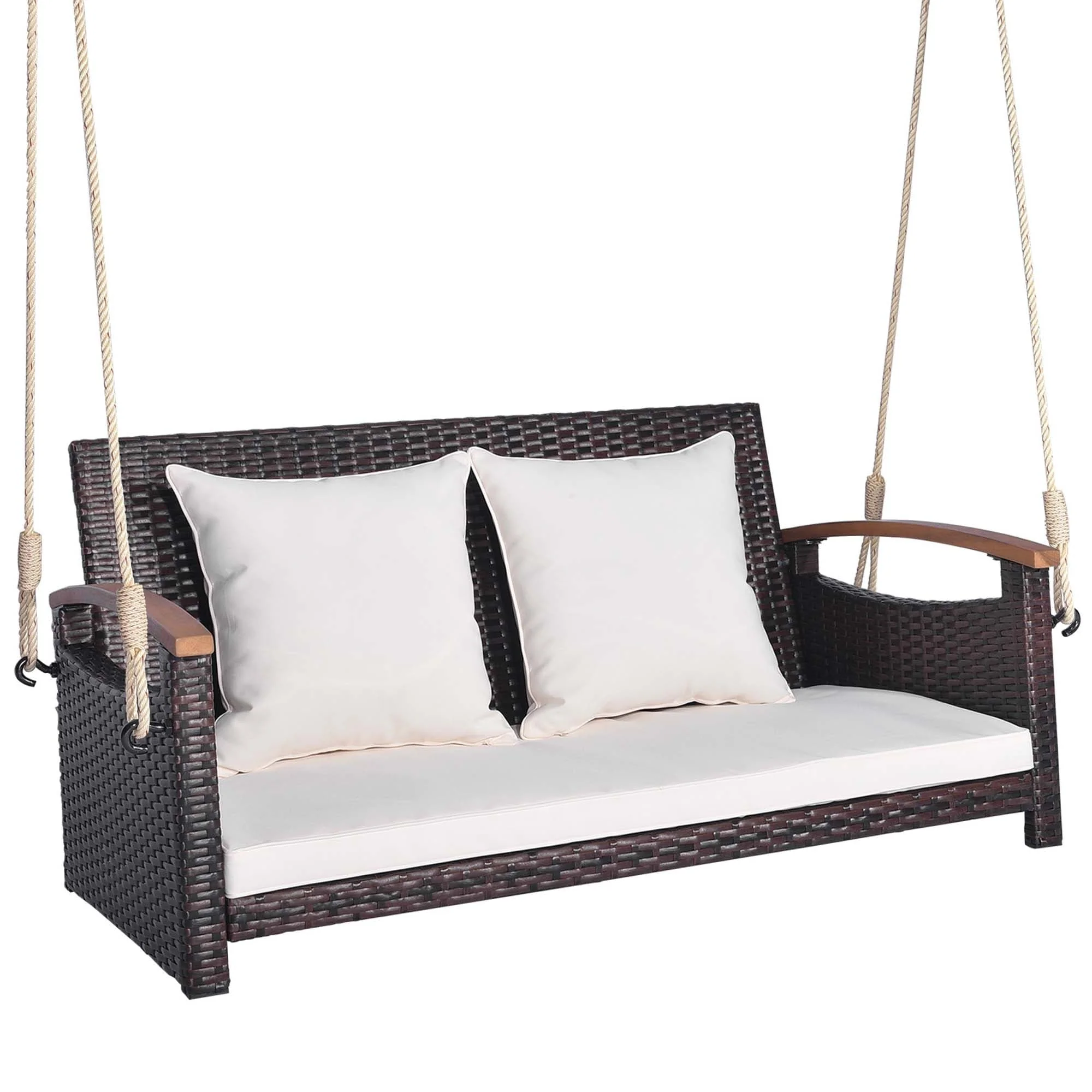 Patio Rattan Porch Swing Loveseat Hanging Chair Cushioned