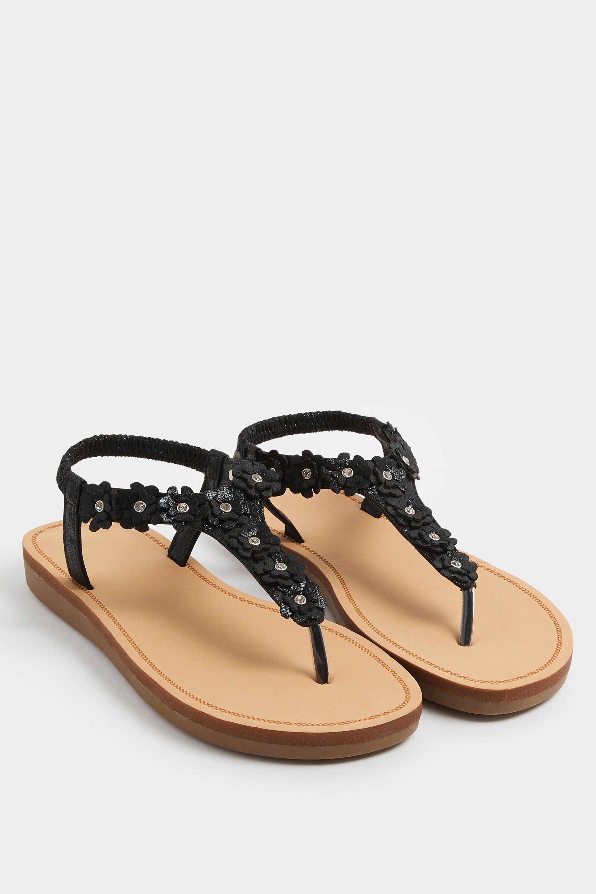 Yours Flower Detail Diamante Sandals In Wide E Fit