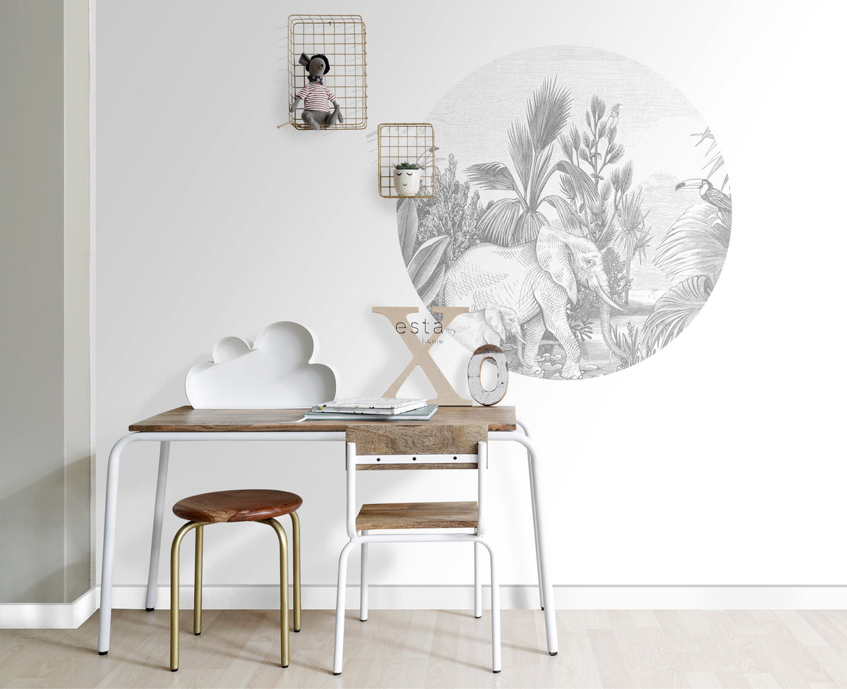 ESTAhome zelfklevende behangcirkel jungle-motief grijs - Ø 70 cm - 159075