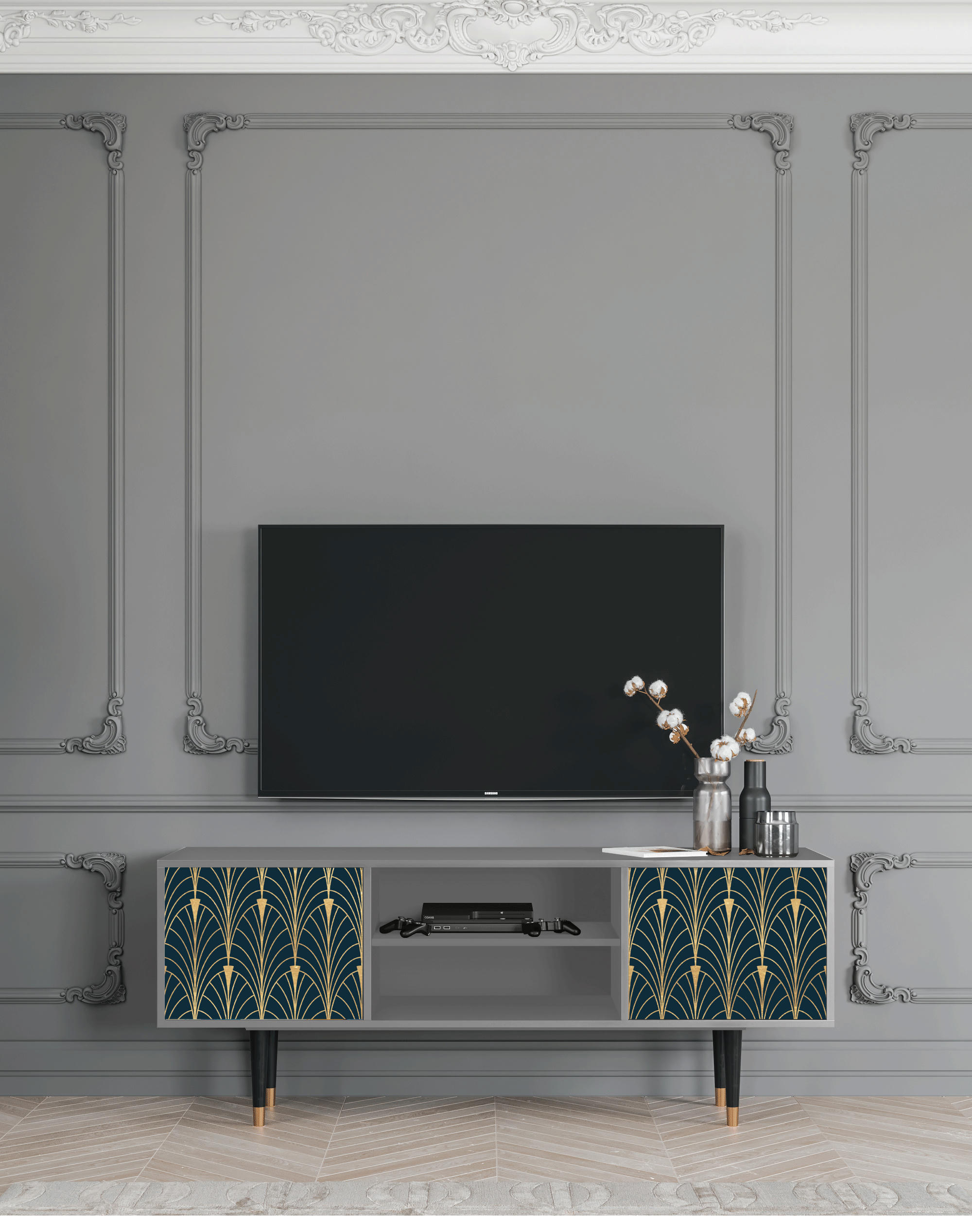 FLOWER OF THE NILE - Meuble TV  bleu et jaune 2 portes L 170 cm