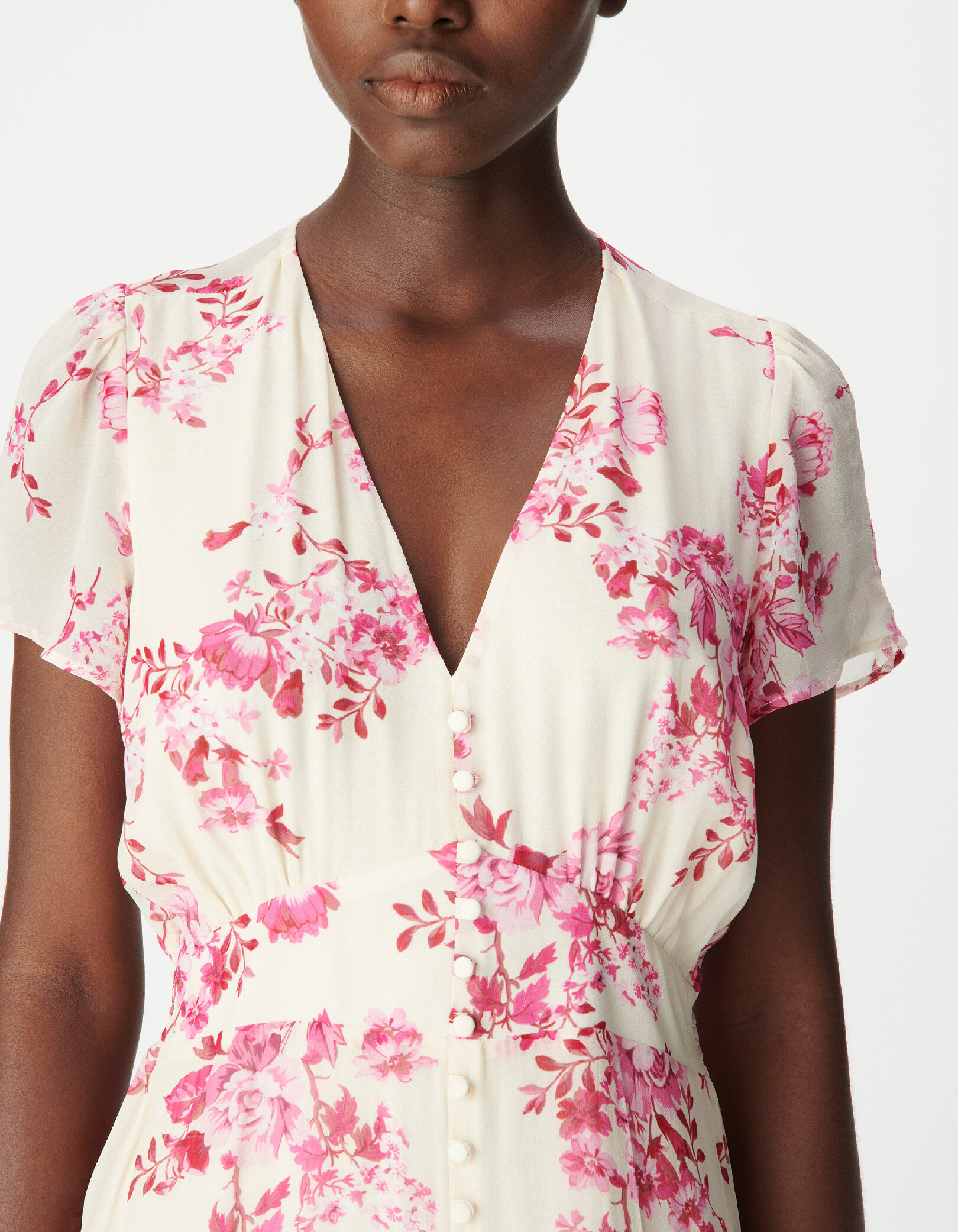 Robe midi écrue imprimé fleurs roses Femme