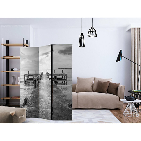 Paravent Déco Jetée en Béton Effet Réaliste pour Intérieur 135 x 172 cm Noir et blanc