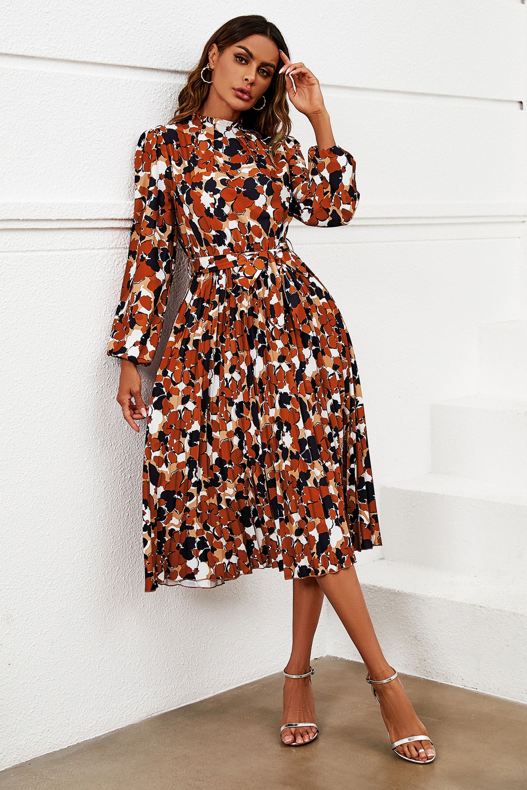 FS Collection Floral Print High Neck Long Sleeve Midi Dress In Rust