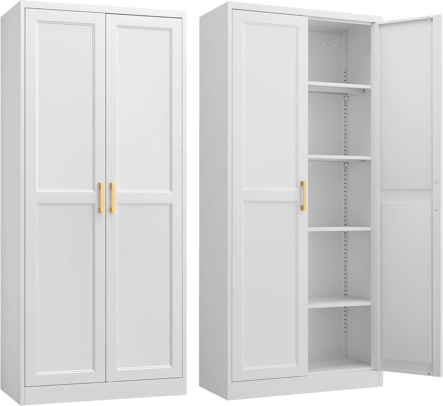 SteeLoong Kitchen Pantry Cabinet,71”White Metal Pantry Storage Cabinet with Doors and 4 Adjustable Shelves,Kitchen Cabinet with 2 Gold Handles,Tall Cabinet for Livingroom,Pantry, Bathroom,Kitchen