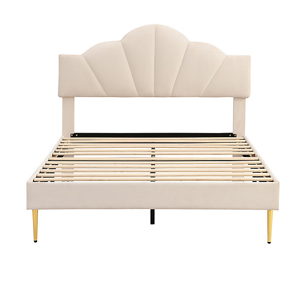 Lit rembourré 140x190 cm lit double avec sommier à lattes - tête de lit réglable - tissu en velours - beige