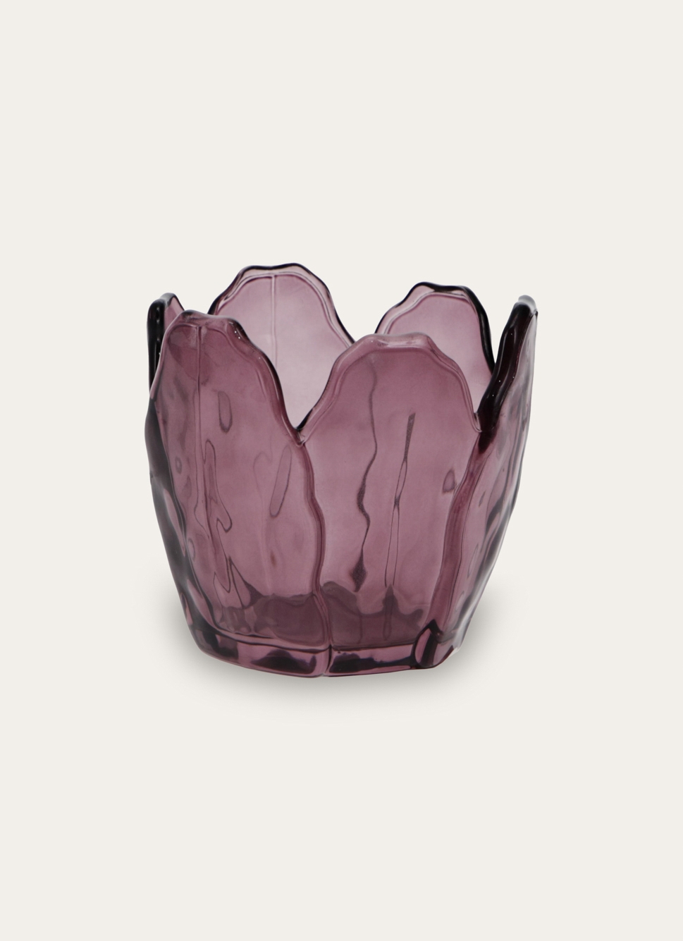 PHOTOPHORE EN VERRE COLORÉ FORME PÉTALES DE FLEUR PRUNE