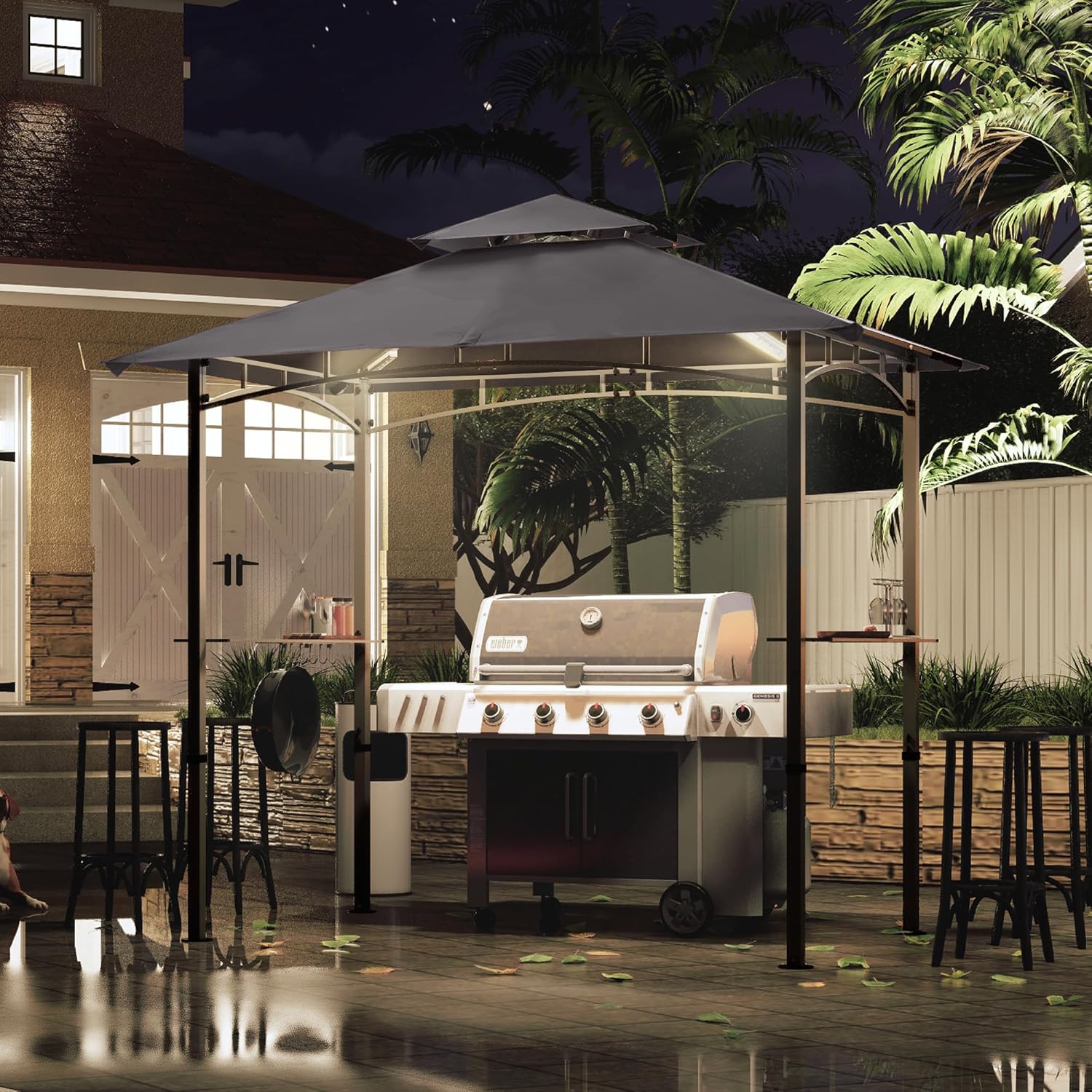 Bar pavilion-style outdoor barbecue shelter 8 feet by 5 feet, double-layer outdoor barbecue shelter canopy with LED lights (gray)