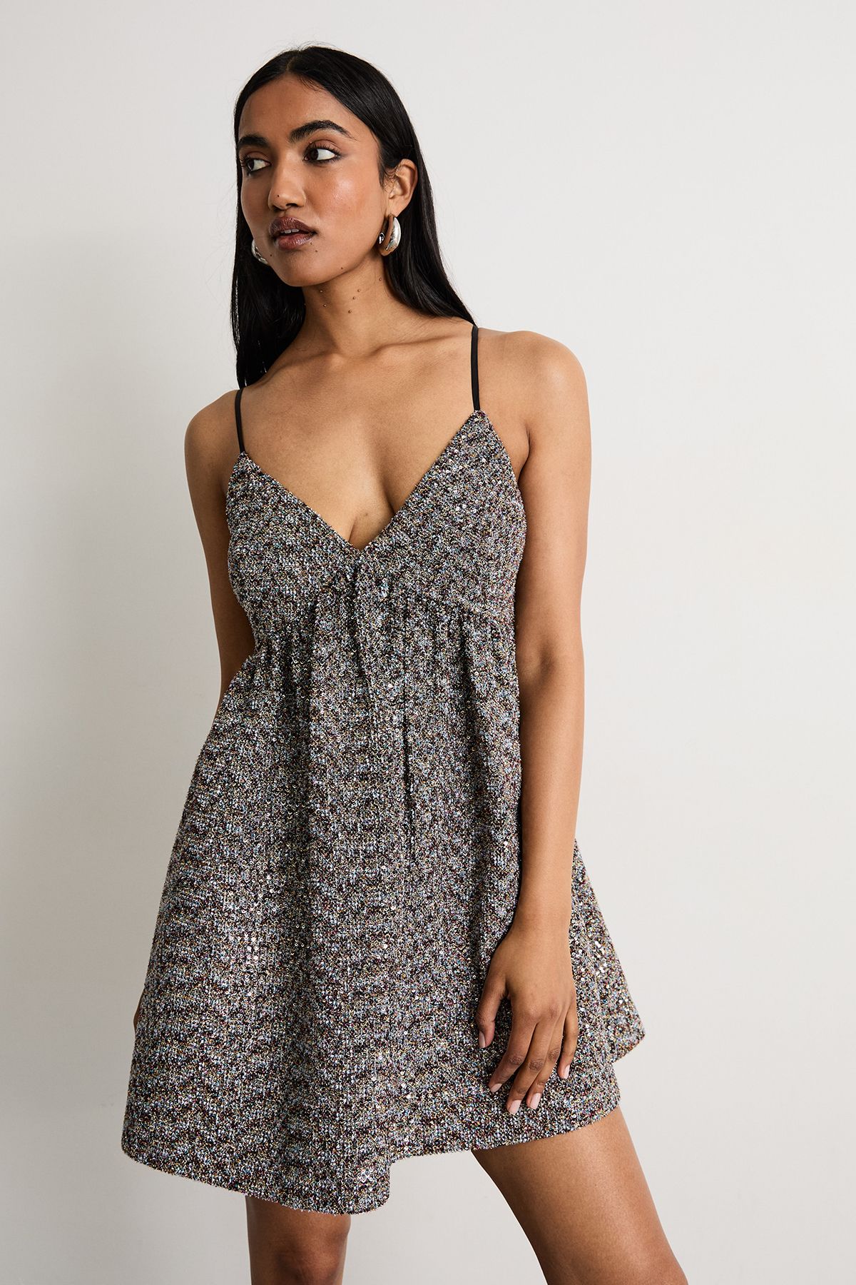 Warehouse Metallic Jacquard Babydoll Dress