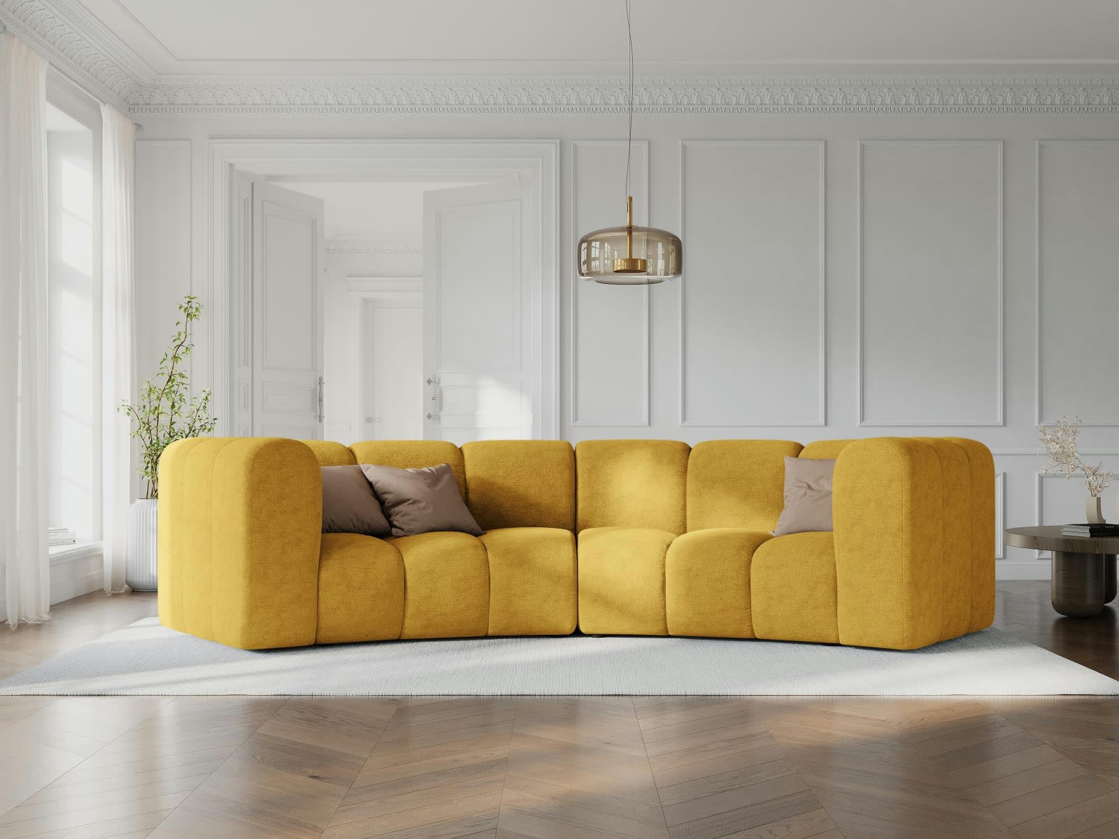 LUPINE - Canapé arrondi 3 places en tissu chenille jaune