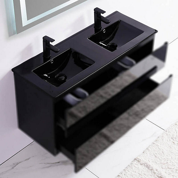 Lavabo encastrable double vasque céramique noir brillant 120x46cm Dark