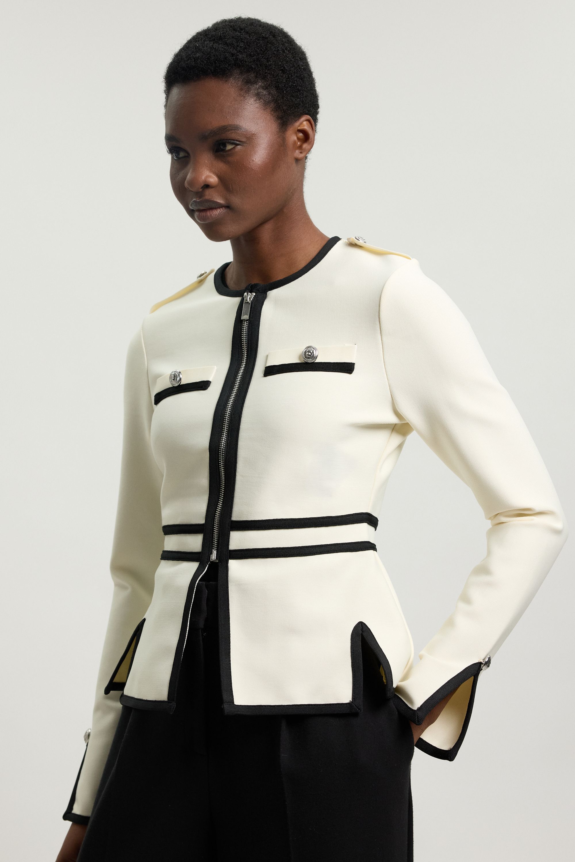 KarenMillen Figure Form Bandage Military Contrast Piping Knit Split Hem Jacket