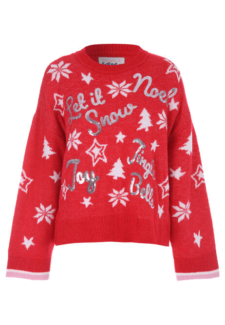 Womens Red Sequin Slogan Christmas Jumper