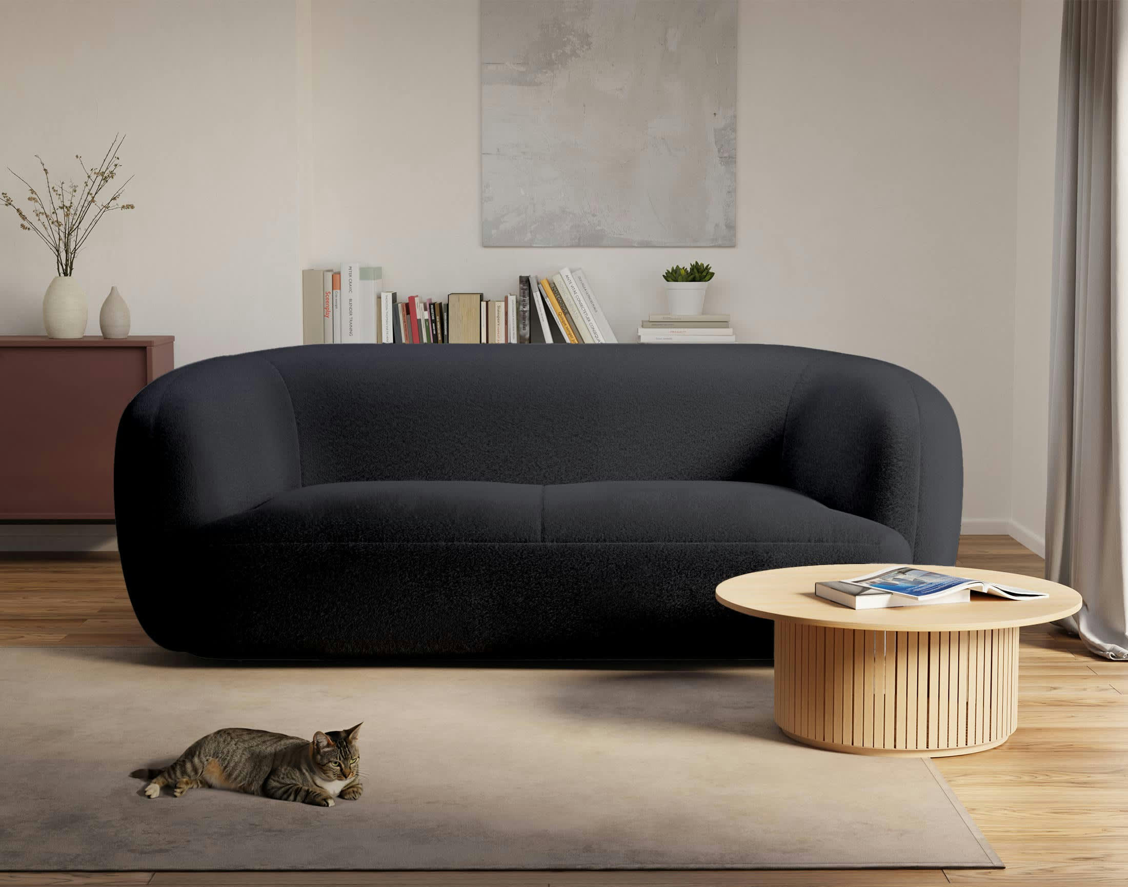 ERNEE - Canapé droit 3 places en velours noir