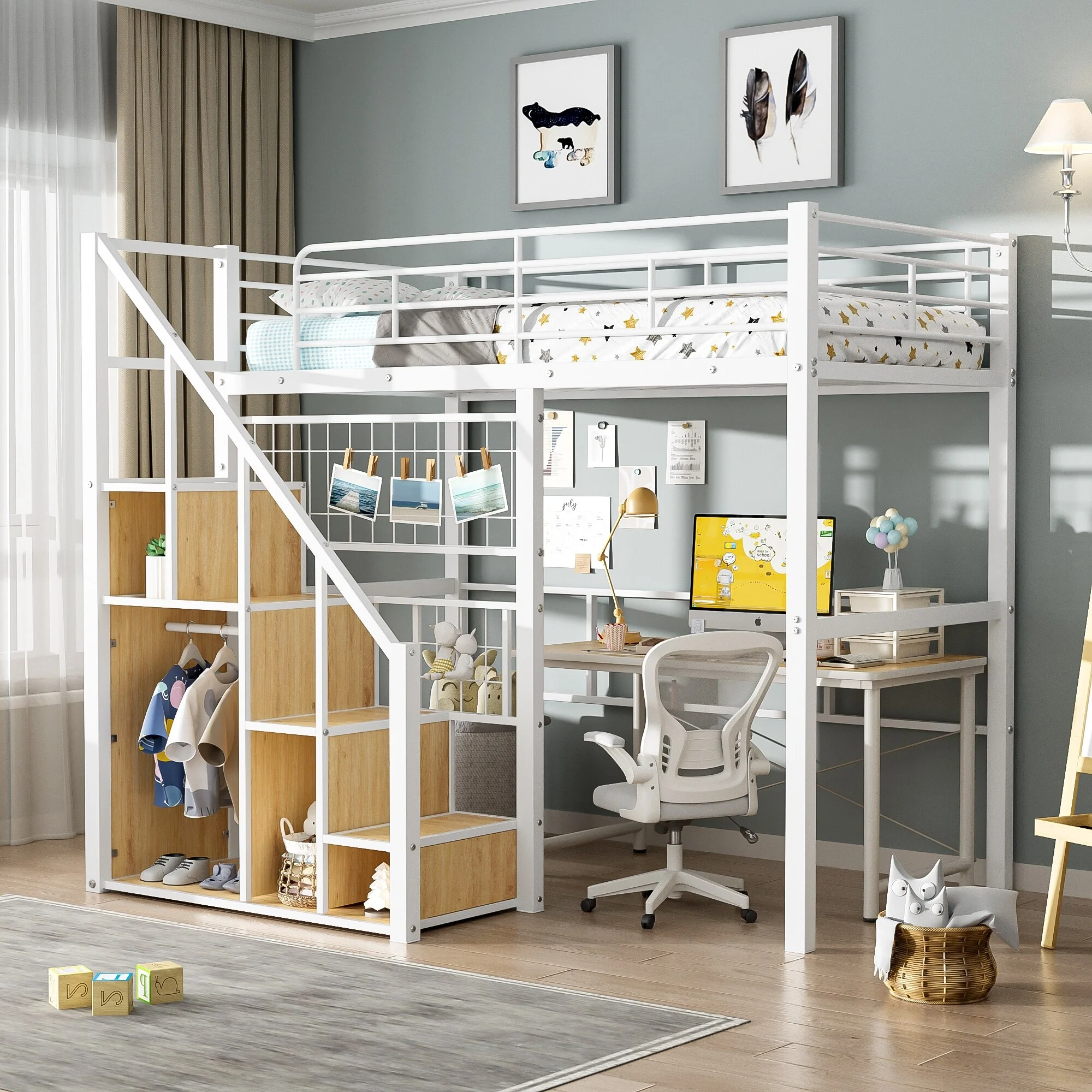 Metal Bed with Storage Staircase, and Wardrobe, Twin Size Loft Bed