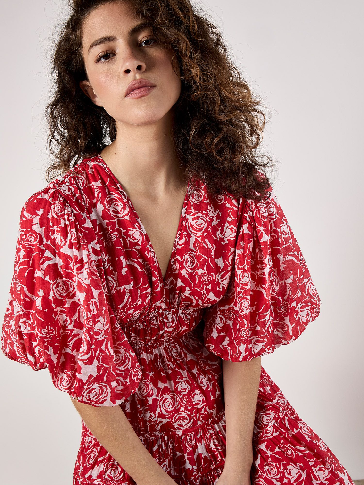 Apricot Rose Print Tiered Midi Dress