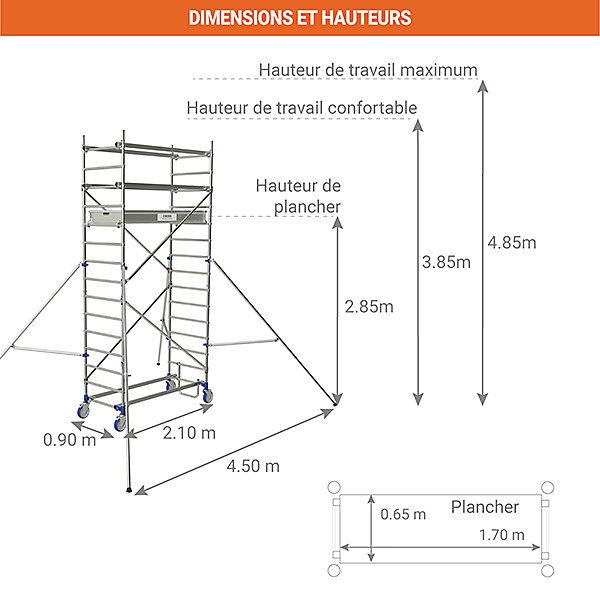 échafaudage Roulant Aluminium - 1 plateau - Hauteur de travail max 4.85m - Montage sécurisé - 26404630