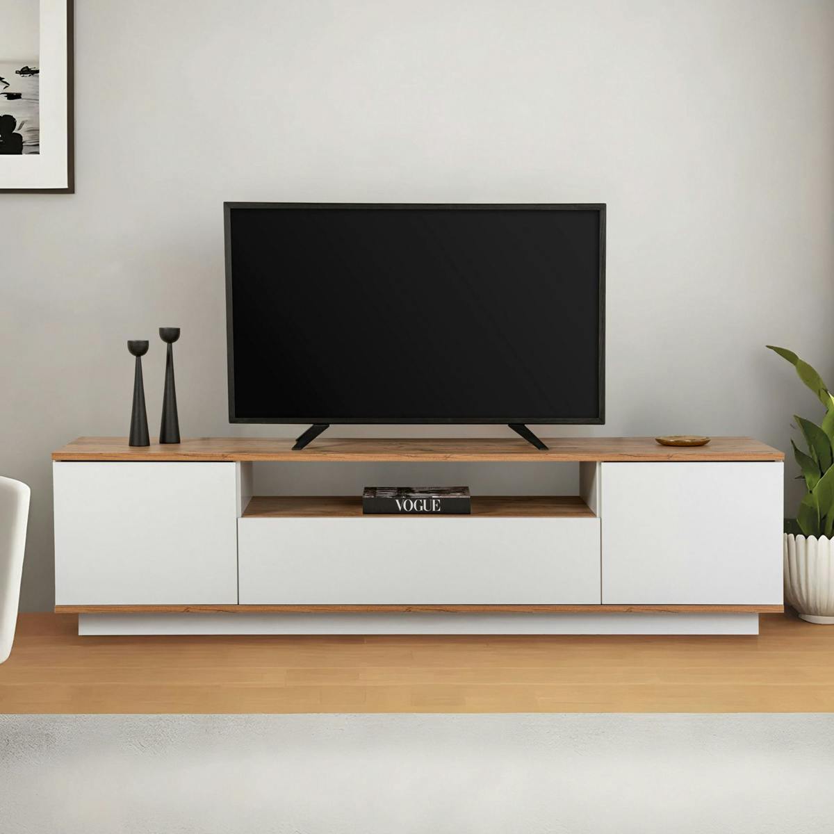 Meuble TV moderne 3 portes blanc et effet pin MARFA