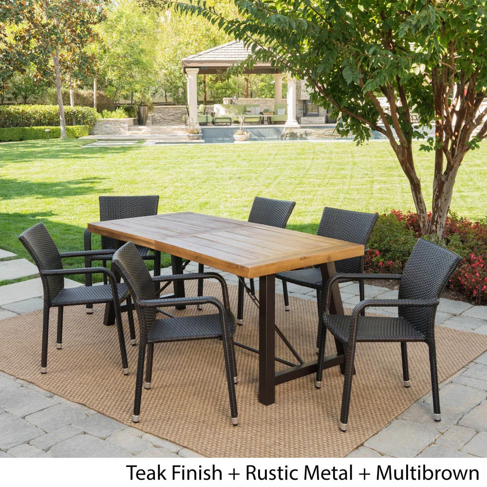 Spencer Outdoor 7-Piece Rectangle Wicker Wood Dining Set by Christopher Knight Home