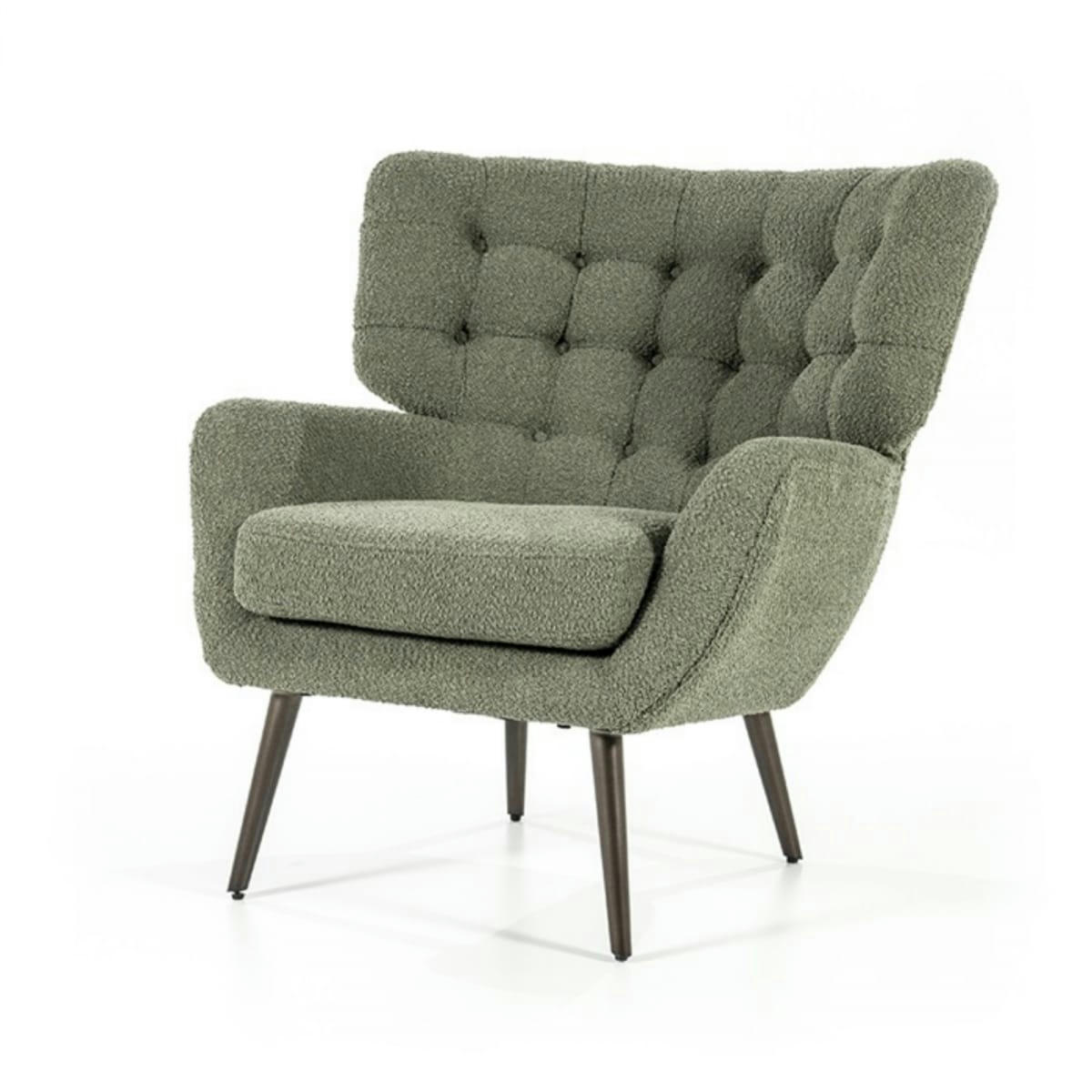 PIPOU - Fauteuil haut dossier en tissu bouclé vert kaki