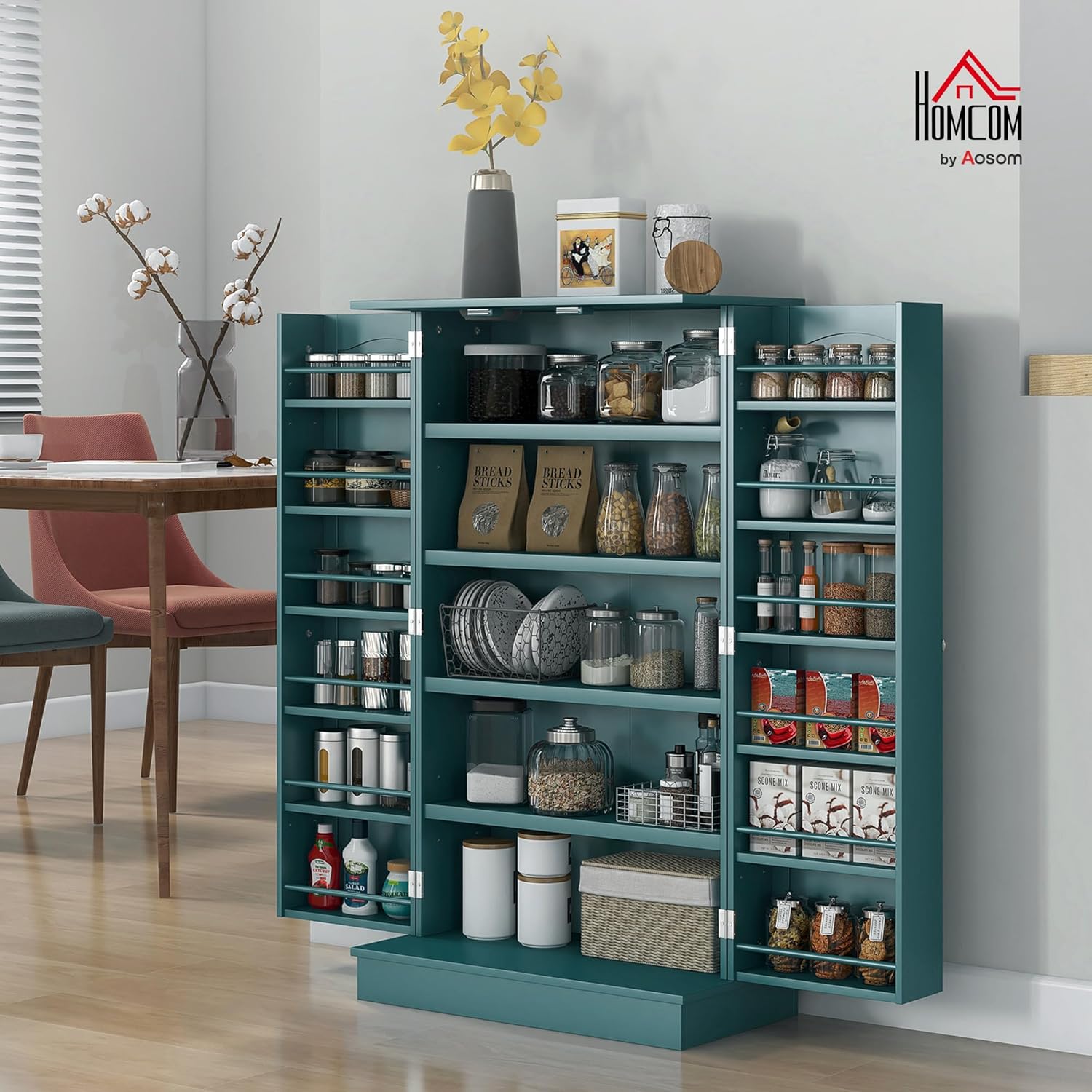 HOMCOM 41 Kitchen Pantry Storage Cabinet, Freestanding Kitchen Cabinet with 12 Door Shelves, Double Doors, 5-Tier Shelving and Adjustable Shelves, Blue