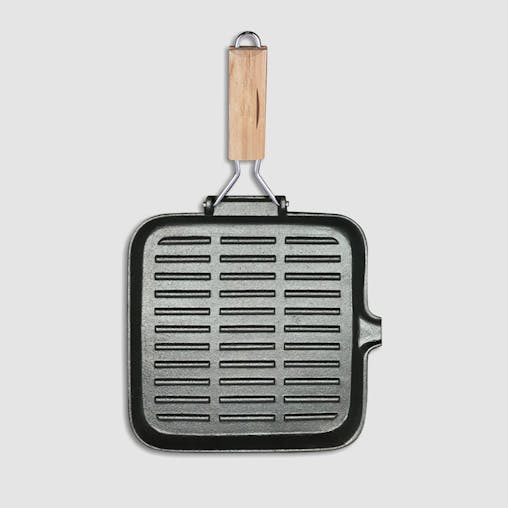SOGA 2X 24cm Ribbed Cast Iron Square Steak Frying Grill Skillet Pan with Folding Wooden Handle